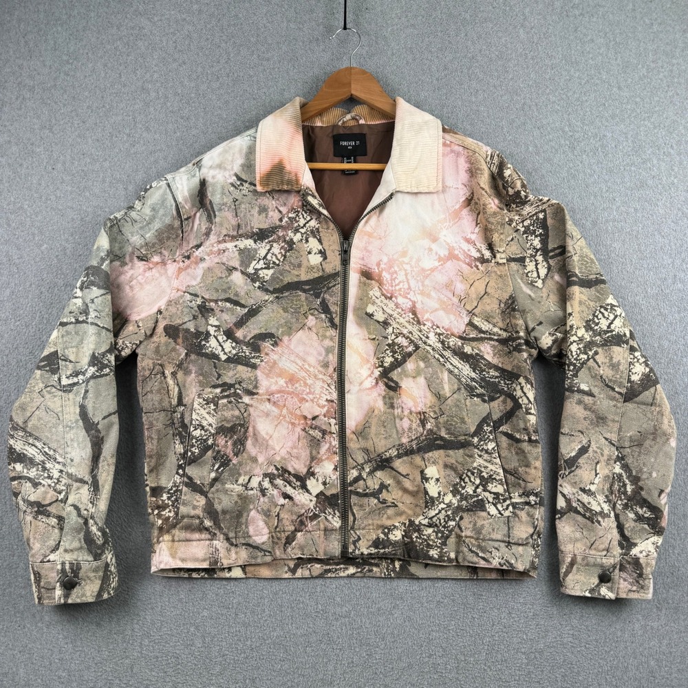 Forever 21 Jacket Mens Medium Pink Camo Corduroy Collar Full Zip Canvas Brown